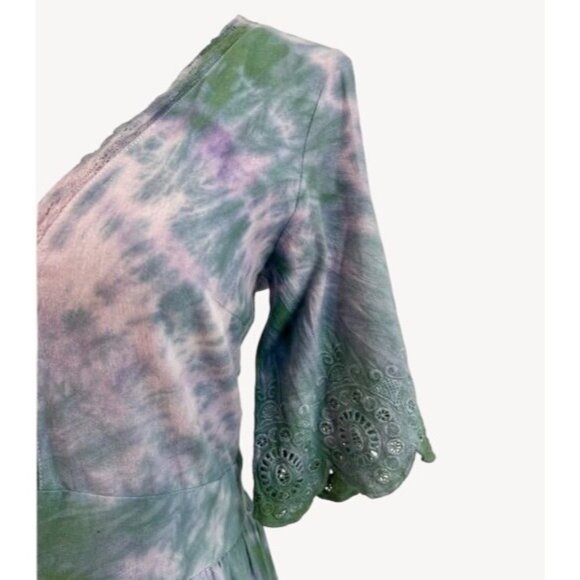 RARE Zara Tie Dye Crochet Eyelet Trim Tie Waist Peasant Croquette Maxi Dress - Picture 4 of 10